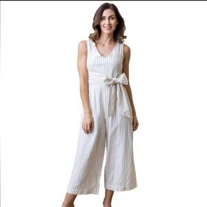 Hope & Henry Tie-Waist Wide Leg Jumpsuit (Light Taupe Striped, Size 8)